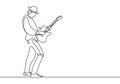 Continuous one line drawing of man playing electric guitar. Concept of person on stage play rock country, jazz, and pop song