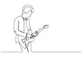 Continuous one line drawing of man playing electric guitar instrument. Vector minimalism design