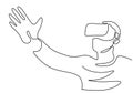 Continuous one line drawing of man reaching something while playing simulation game. Young male wearing a helmet virtual reality Royalty Free Stock Photo