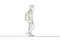 Continuous one line drawing of man walking on the street. Concept of student college person with bag