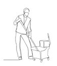 Continuous one line drawing of a man, wearing a mrdical mask cleaning the floor using mop. continuous single drawn one line male Royalty Free Stock Photo