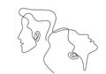 Continuous one line drawing of man and woman heads on white background. Young couple in lean on each other. Happy Valentine Day.