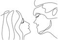 Continuous one line drawing of man and woman heads on white background. Young romantic couple in face to face pose. Happy Royalty Free Stock Photo