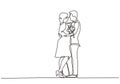 Continuous one line drawing of man and woman kissing. Romantic standing couple in love embracing and holding a bouquet of flowers