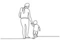 Continuous one line drawing of mom and her kids. Young mother holding hand with her little child and walking in the street. Happy Royalty Free Stock Photo