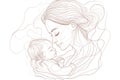 One-line drawing of a mother holding a baby in her hands. Royalty Free Stock Photo