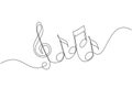 Continuous one line drawing music notes on stave. Musical symbol in one linear minimalist style. Trendy abstract wave melody.