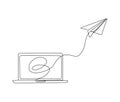 Continuous one line drawing of Notebook connected with paper plane. Laptop and paper plane lineart vector illustration