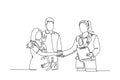 Continuous one line drawing obstetrician and gynecologist doctor handshake and congratulate a happy young couple about pregnancy.