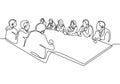 Continuous one line drawing of office workers at business meeting vector. illustration of people as team or group working with big Royalty Free Stock Photo