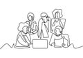 Continuous one line drawing of office workers team. Vector people meeting brainstorming and creative thinking Royalty Free Stock Photo