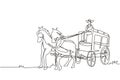 Continuous one line drawing old wild west horse-drawn carriage with coach. Vintage Western Stagecoach with horses. Wild west