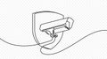 Continuous one line drawing of outdoor security system with shield vector design. Line illustration of CCTV, security camera