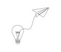 Continuous one line drawing of Paper plane flying up connected with bulb. Lamp and plane sign symbol vector illustration Royalty Free Stock Photo