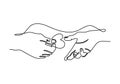 Continuous one line drawing of parent giving love heart shaped to child. Mom and dad loving care parenting concept. Family
