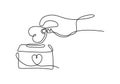 Continuous one line drawing of parent giving love heart shaped to love shaped box. Family insurance sign symbol. Charity day one