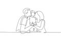 Continuous one line drawing parents kissing their little boy on his cheeks. Adorable child with an innocent expression. National