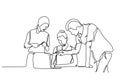 Continuous one line drawing of People discussion. Concept of business talk or briefing and conversation of a man and two women at