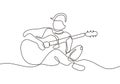 Continuous one line drawing of person playing acoustic guitar instrument. Guy sit and relax play song to make him happy in leisure Royalty Free Stock Photo