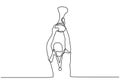 Continuous one line drawing of a person raising a championship trophy or medal. Concept of winner. A man win a contest or