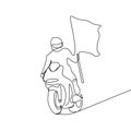 continuous one line drawing of person riding sport motor bike holding flag celebrating his winner on championship