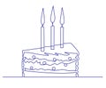 Continuous one line drawing Piece of birthday cake with three candles. Symbol of celebration. Line style logotype