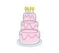 Continuous one line drawing of pink birthday cake with candles. Sweet celebration torte and pie with sugar cream in