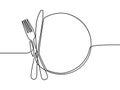 Continuous one line drawing plate, khife and fork. Vector illustration.