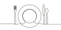 Continuous one line drawing of plate, knife, spoon, and fork. Concept of food theme. Minimalism design symbol and sign Royalty Free Stock Photo