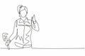 Continuous one line drawing a plumber woman with a thumbs-up gesture at work fixing leaking drains in sinks and household drains