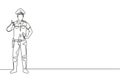 Continuous one line drawing policeman standing with a thumbs-up gesture and in full uniform works to control vehicle traffic on