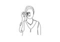 Continuous one line drawing of portrait of girl taking picture with camera. Photography concept of young woman. Vector Royalty Free Stock Photo