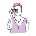 Continuous one line drawing of portrait of woman holding camera to taking picture. Photographer concept minimalism design with Royalty Free Stock Photo