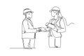 Continuous one line drawing pretty architect woman, builder foreman wearing construction vest, helmet shaking their hands together