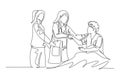 Continuous one line drawing pretty female doctor and nurse visit a patient who laying on bed in hospital and handshaking him to Royalty Free Stock Photo