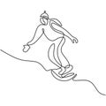 Continuous one line drawing of professional young snowboarder man ride fast snowboard at snowy mountain. Extreme sport winter