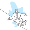 Continuous one line drawing of professional young snowboarder man ride fast snowboard at snowy mountain. Extreme sport winter