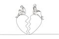 Continuous one line drawing relationship break up, broken heart, couple facing opposite direction. Arabian couple sitting on big