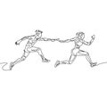 Continuous one line drawing relay race, runner passes the baton. Teamwork concept.