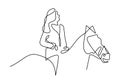 Continuous one line drawing rider on horseback. Young horse rider woman performing dressage test.Trendy one line draw design