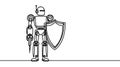 Continuous one line drawing robot with shield. Retro robot. Metal computer man or cyborgs. Security in internet