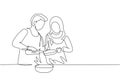 Continuous one line drawing romantic Arab couple pour oil into pan which is being held by one of them. Cooking preparation in cozy