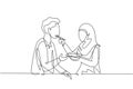Continuous one line drawing romantic Arabian woman feeds her husband. Happy couple dinner together at restaurant. Celebrate