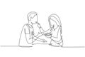 Continuous one line drawing romantic woman feeds her husband. Happy couple having dinner together at restaurant. Celebrate wedding