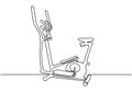 Continuous one line drawing of rowing bike trainers for fitness cardio machine. Sport theme object