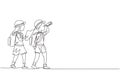 Continuous one line drawing scout boy and girl with binoculars and map. Children scout adventure camping concept. Hiking