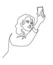 Continuous One Line Drawing of Selfie beautiful woman blogger. Vector illustration girl holding smartphone