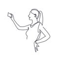 Continuous One Line Drawing of Selfie beautiful woman blogger. Vector illustration of young girl, holding smartphone