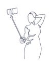 Continuous One Line Drawing of Selfie beautiful woman in an evening dress with a selfie stick. Vector illustration