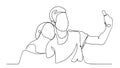 Continuous One Line Drawing of Selfie lover couple. Vector illustration portrait character of young man and woman, holding Royalty Free Stock Photo